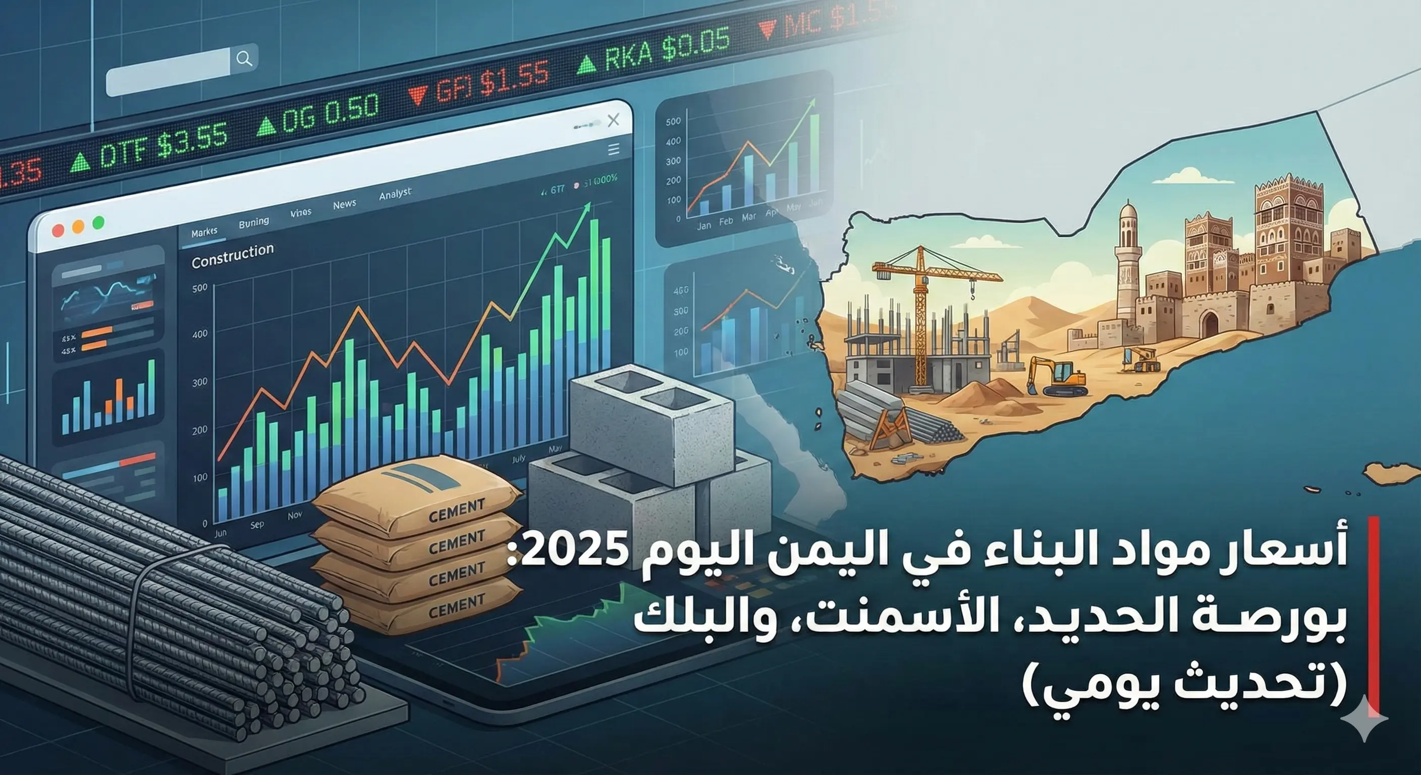 بورصة أسعار مواد البناء في اليمن اليوم حديد وأسمنت وبلك